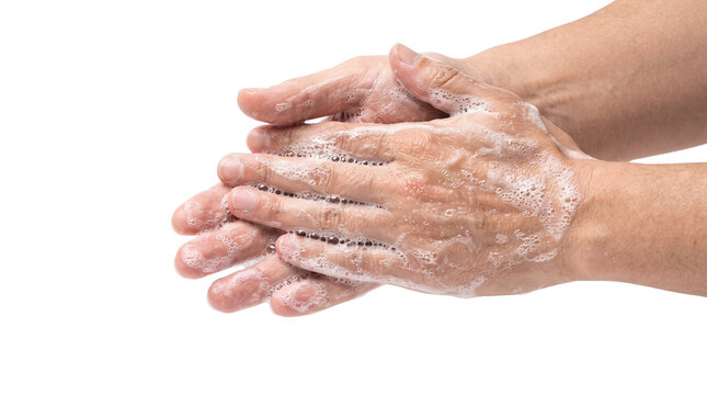 Washing hands with soap foam on white background, person cleaning hands for hygiene, soapy lather for virus prevention and health care