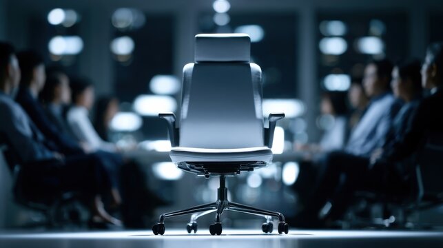 An empty executive chair positioned at the head of a conference table, with silhouetted figures of people in the background, creating a sense of anticipation and importance.