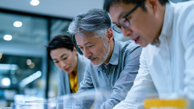 Three people, two men and a woman, lean forward, intently looking at something off-camera, with a soft, professional lighting. One man has grey hair and a beard, while the other wears glasses