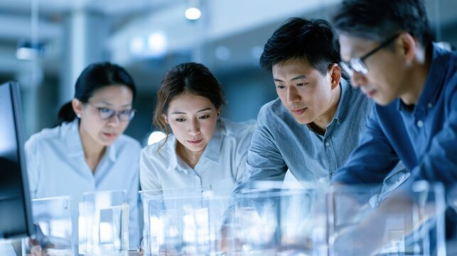 A group of four diverse professionals in a modern laboratory setting, intently examining scientific equipment under bright blue lights.