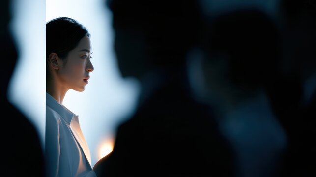 A young Asian woman looks thoughtful, standing in profile against a blurred background of people. The lighting creates a dramatic contrast.