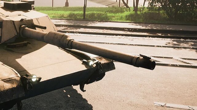 A powerful military tank sits on a sunlit urban street, highlighting its robust structure and tactical features. The surrounding area is green and bustling, creating a striking contrast.