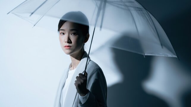 A woman holding a clear umbrella, looking at the camera with a thoughtful expression. The lighting creates dramatic shadows in the background.