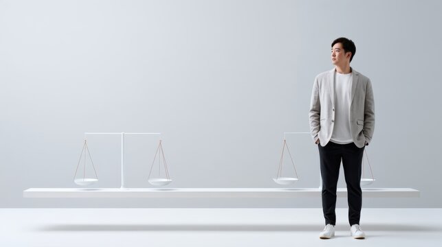 A man standing next to scales in a bright, minimalist space. He is looking away with his hands in his pockets, contemplating a decision.
