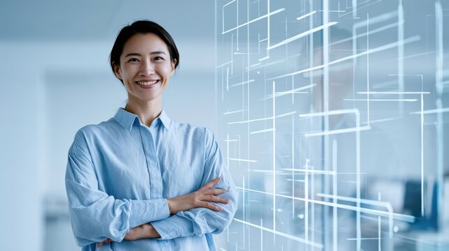 A confident businesswoman with arms crossed smiles at the camera, standing in front of a futuristic grid design