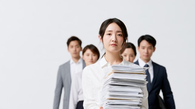 A woman burdened by a large stack of documents, with a team of colleagues in the background. Her expression conveys stress and exhaustion, highlighting the pressures of the workplace