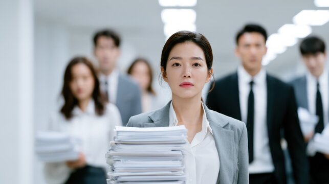 A confident businesswoman leads a group of colleagues through an office hallway, carrying a large stack of documents. The group is dressed in professional attire, suggesting a corporate environment
