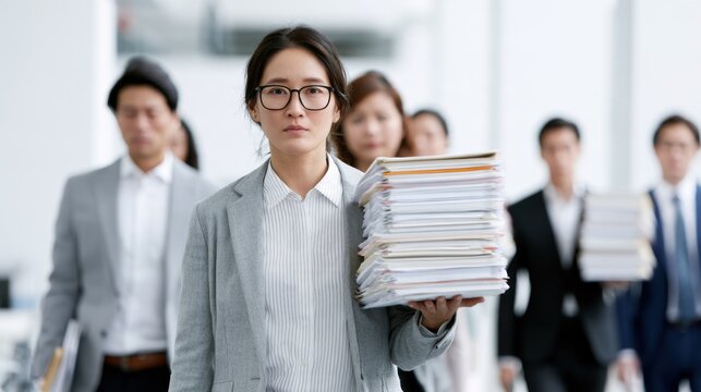 A determined woman in a business suit walks forward, holding a stack of documents. She is followed by a line of other professionals in an office setting, conveying a sense of purpose and teamwork