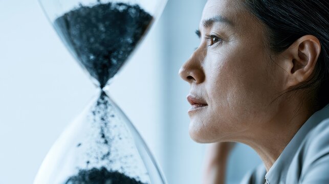 A woman stares intently at an hourglass as sand flows through it, symbolizing the passage of time and urgency