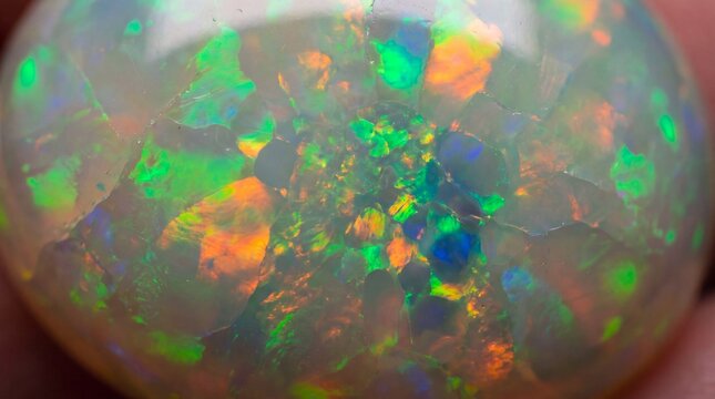 Iridescent opal gemstone macro photography, vibrant play of color crystal stone, precious polished jewel texture for luxury jewelry design