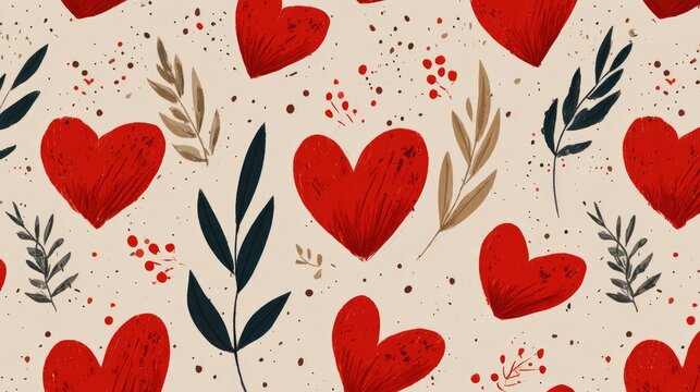 Red hearts, leaves, and berries on beige