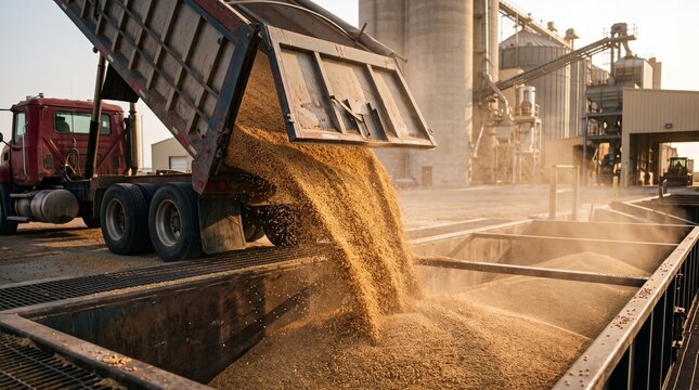 Grain truck unloading wheat into storage bins at an agricultural facility with silos and machinery in the background during sunset. Concept of food crisis and global supply chain disruption