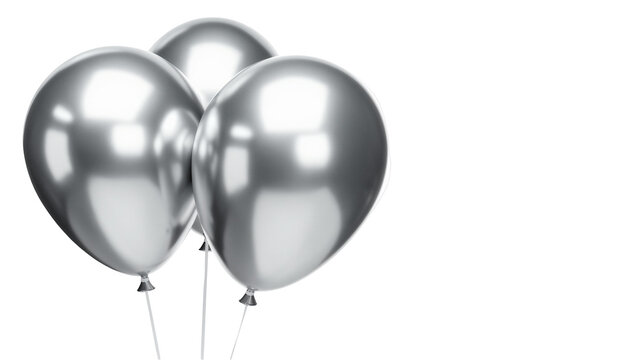 Three metallic silver balloons floating, isolated on transparent background