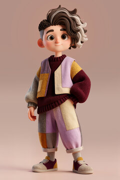 3D Cartoon Character Illustration of a Stylish Youth in Patchwork Knitwear