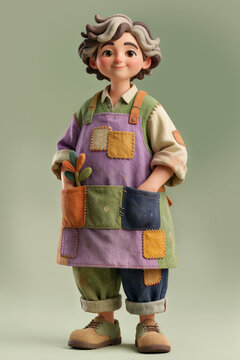 3D Cartoon Character Illustration of a Whimsical Gardener Artisan in a Patchwork Apron