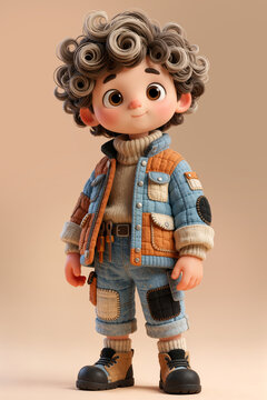3D Cartoon Character Illustration of a Cute Kid in Patchwork Utility Clothing