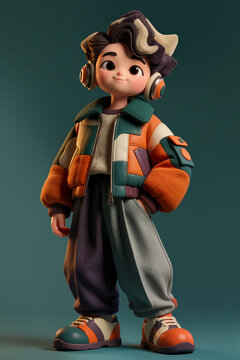 3D Cartoon Character Illustration of a Cool Youth with Headphones and a Color-Blocked Jacket