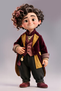 3D Cartoon Character Illustration of a Dapper Kid in a Vintage Velvet Jacket and Waistcoat