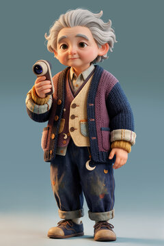 3D Cartoon Character Illustration of a Cute Elderly Inventor Holding a Gadget