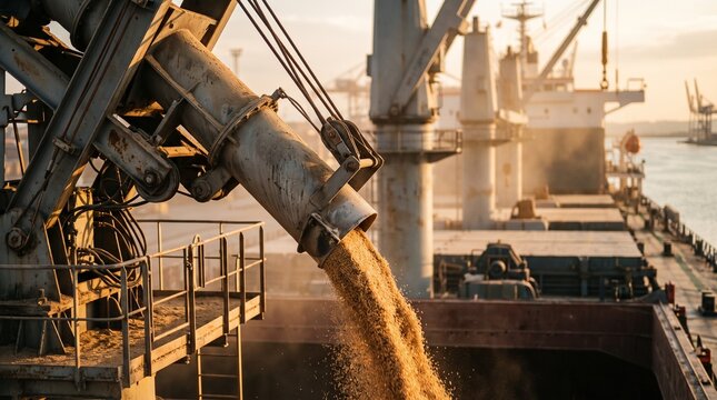 Grain crane loading wheat onto cargo ship at port with industrial machinery and vessels visible in the background during sunset. Concept of food crisis and global supply chain disruption