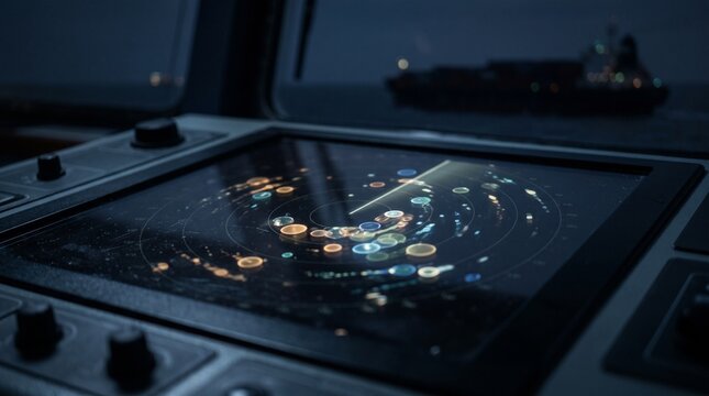 Maritime radar display on glass panel showing various data points and signals, with a blurred cargo ship visible in the background at night. Concept of maritime security and supply chain disruption