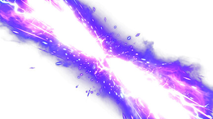Obraz premium Vibrant purple and magenta 3D energy burst with electric lightning arcs and smoke, isolated on transparent background, perfect for sci-fi game assets and digital art.