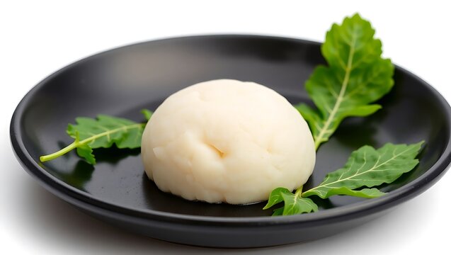 Minimalist stock image of a smooth ball of fufu on a black stoneware plate, garnished with green plantain leaves, isolated on white background, commercial lighting