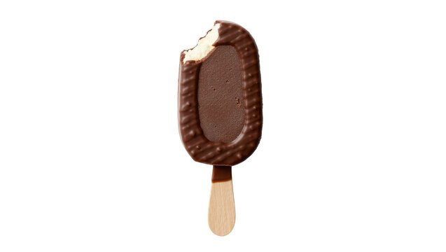 Chocolate ice cream bar with a bite taken out, isolated on transparent background