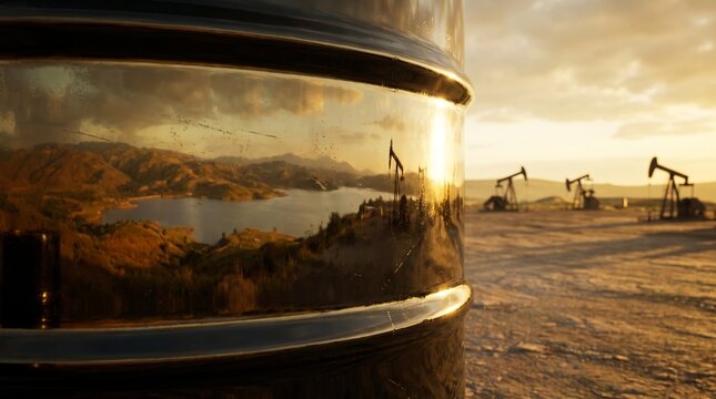 Polished oil barrel reflecting sunset over oil field with distant mountains and drilling rigs in the background. Concept of rising oil prices, energy crisis, fuel cost increase