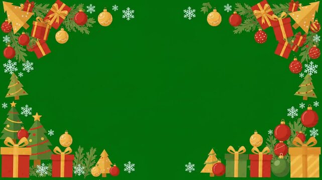 Charming christmas border frame animation with gift boxes, pine trees, and ornaments on green background for seasonal holiday video greeting card projects