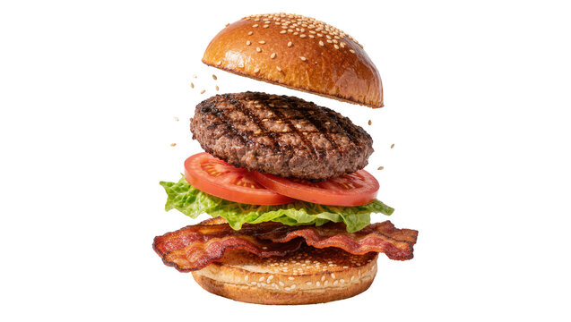 Deconstructed hamburger with grilled beef patty bacon lettuce tomato and sesame seed bun, isolated on transparent background