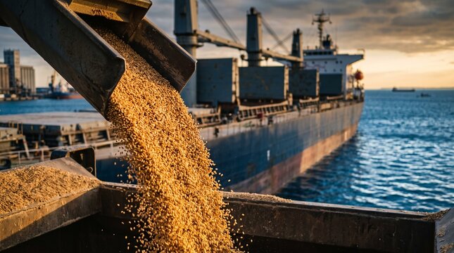 Wheat grain spilling from chute into cargo hold of bulk carrier ship at port during sunset with industrial structures in background. Concept of food crisis and global supply chain disruption