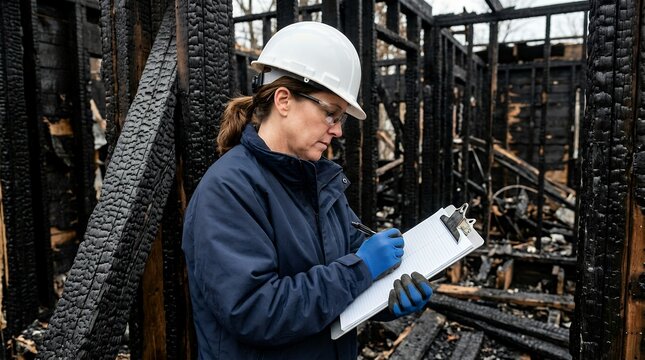 Fire investigator examining charred building structure and taking notes on a clipboard.