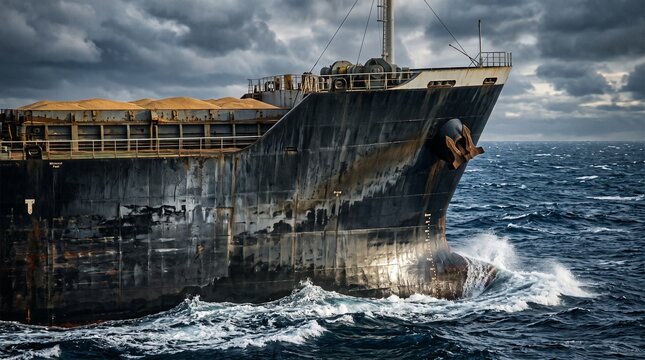 Commercial bulk carrier ship navigating rough seas with a loaded cargo hold, dark clouds overhead and waves crashing against the hull. Concept of food crisis and global supply chain disruption