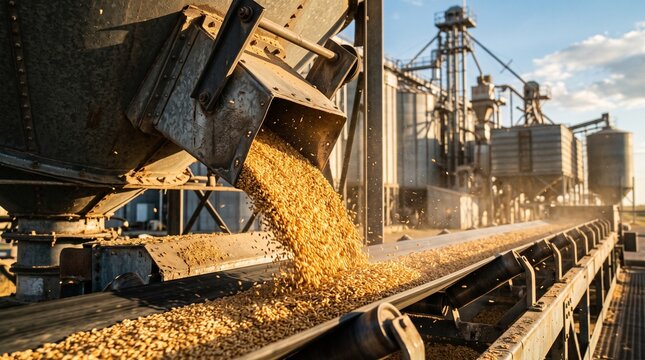 Grain silo releasing wheat into conveyor belt at agricultural facility, with industrial structures and clear blue sky in the background. Concept of food crisis and global supply chain disruption