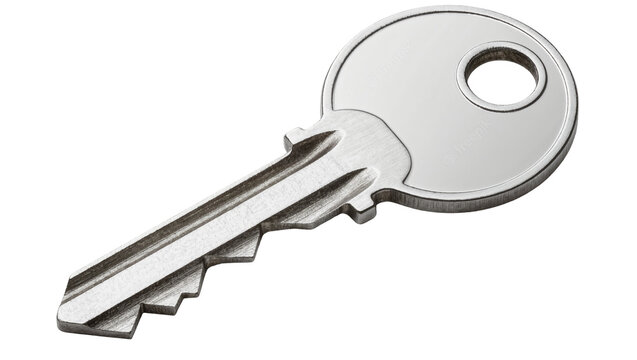 Shiny metal house key with circular head, isolated on transparent background