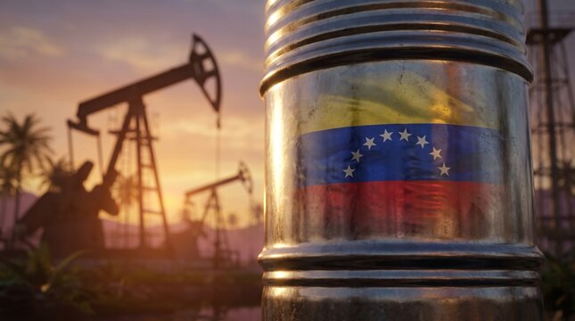 Venezuelan flag reflected on an oil barrel with oil pumps and palm trees in the background during sunset in an industrial landscape. Concept of crude oil geopolitics, resource dependence
