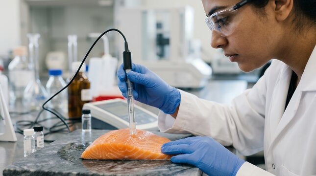 Food safety inspector testing salmon quality with a pH probe in a laboratory setting.