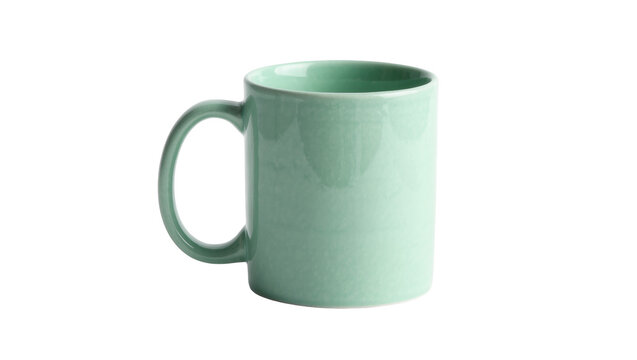 Plain light green ceramic mug with handle, isolated on transparent background
