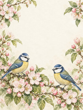 Two blue tits perched among pink blossoms and leafy branches framing a large cream watercolor copy space.