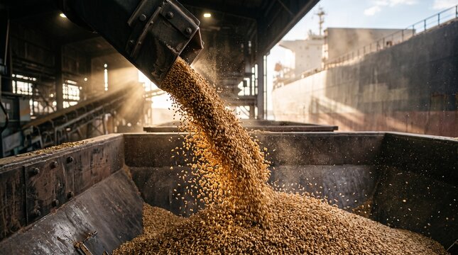 Wheat pouring from a chute into a large hopper inside an industrial facility with sunlight filtering through the structure. Concept of food crisis and global supply chain disruption