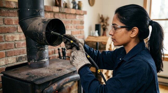 Professional chimney sweep cleaning a wood stove pipe with a rotary brush tool.