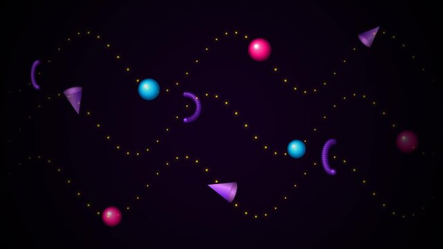 Floating 3D Geometric Shapes Along Glowing Dotted Wave Lines Motion Graphics on Dark Background