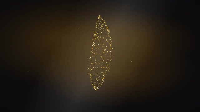 Evolving Particle Animation Reveals Glowing Golden Outline Of A Feather Or Leaf Shape On Dark Background