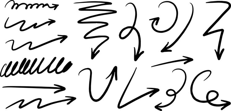Set of hand drawn black curved and wavy arrows with scribble lines isolated on transparent background, ideal for annotations, pointers, notes and graphic design
