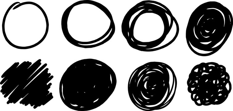 Set of hand drawn black circles and filled scribble shapes with rough marker strokes isolated on transparent background, ideal for highlights, notes and graphic design