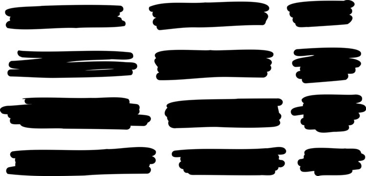 Set of black hand drawn marker scribble strokes and bold highlight bars isolated on transparent background, ideal for text masking, emphasis, notes and graphic design