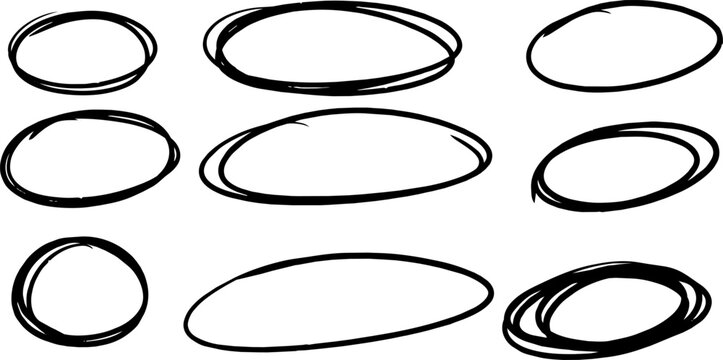 Set of hand drawn black oval and circle outlines with rough marker strokes isolated on transparent background, ideal for highlighting, annotations and graphic design