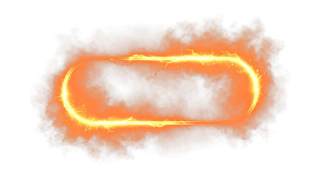 Orange fire ring with electric sparks and smoke cloud, isolated on transparent background, PNG element for game UI, video effects, and digital media design