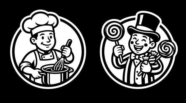 Retro chef and candy maker circular line art emblems.